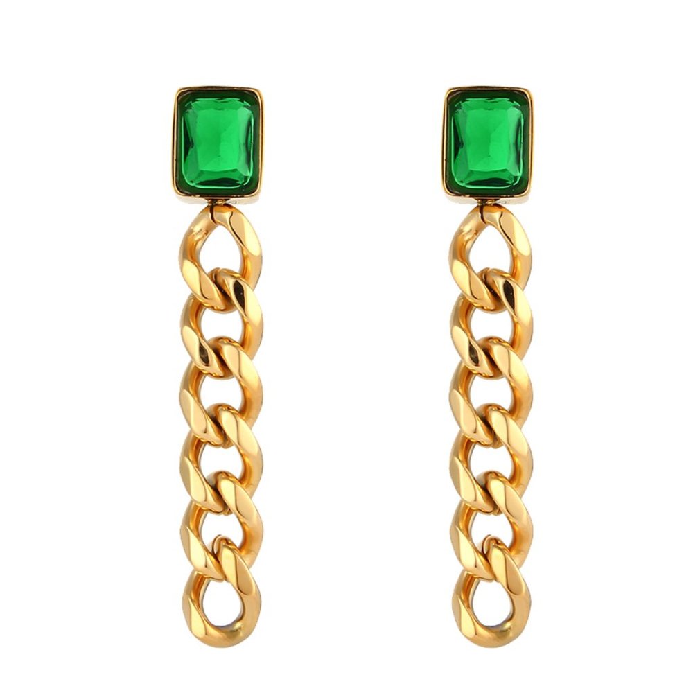 Green Zircon 18K Gold Plated Stainless Steel Chain Earrings‎
